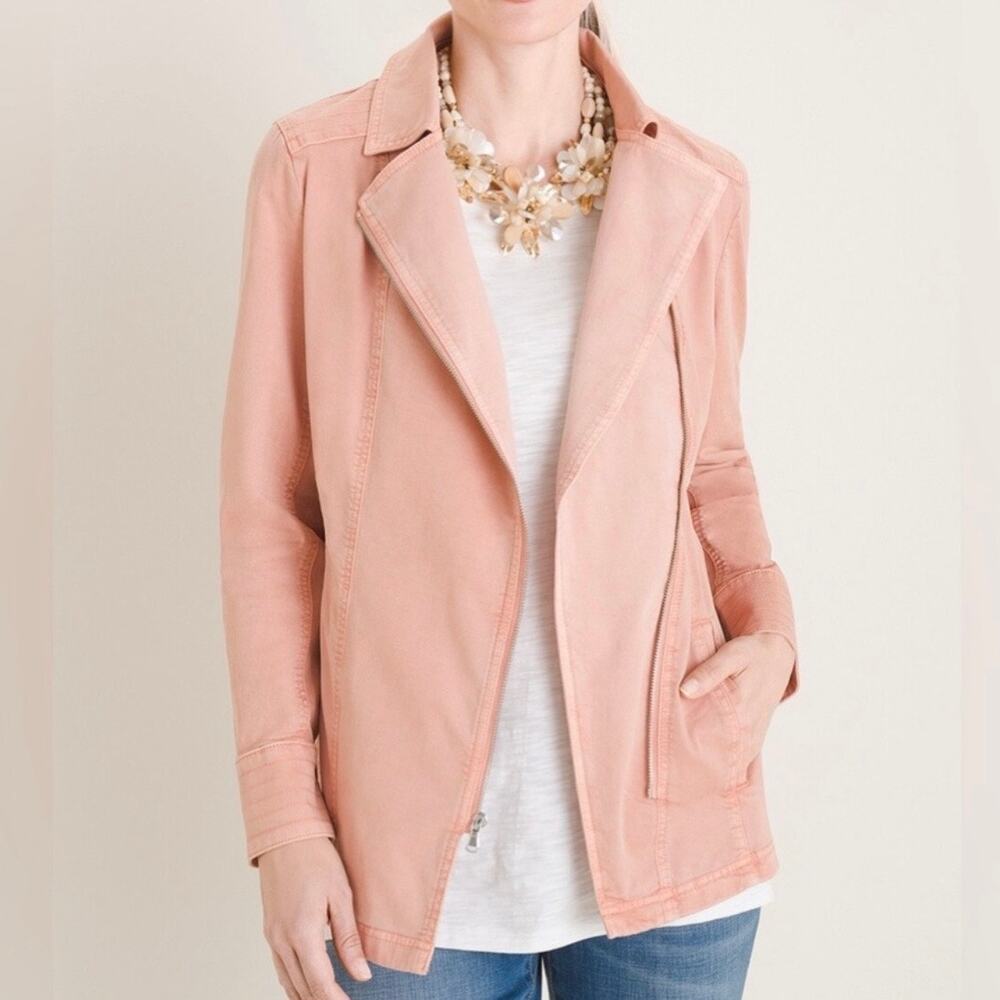 CHICO'S‎ | Blush Pink Moto Style Jacket Asymmetrical Zip Cotton Lyocell | Large